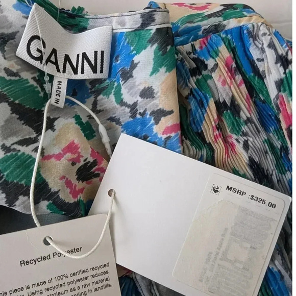 Ganni Floral Tent Dress Blue Green Midi Length Modest Pleated - Picture 6 of 16